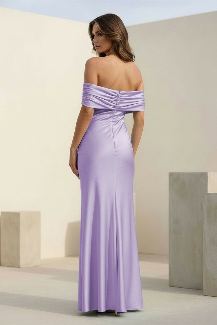 Blush Pink Off Shoulder Draped Satin Sheath Prom Dresses