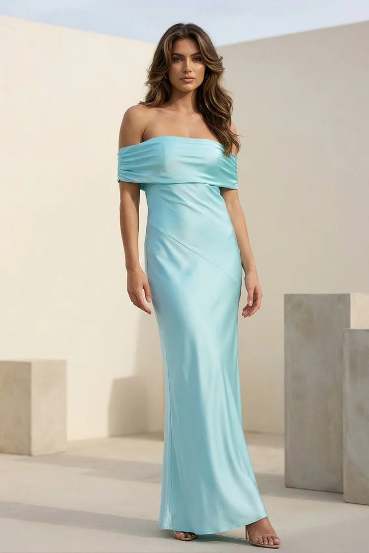 Blush Pink Off Shoulder Draped Satin Sheath Prom Dresses