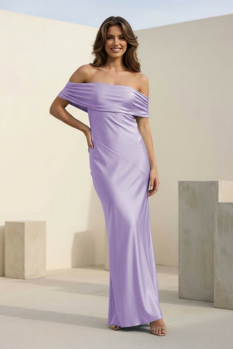 Blush Pink Off Shoulder Draped Satin Sheath Prom Dresses