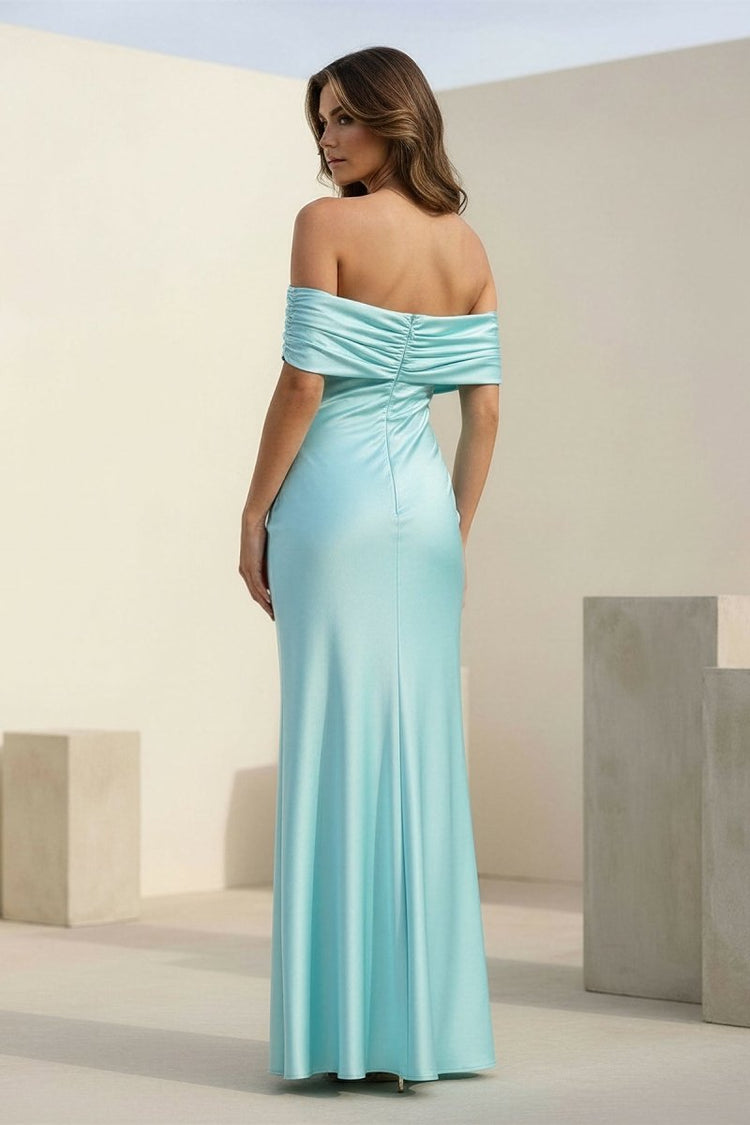 Blush Pink Off Shoulder Draped Satin Sheath Prom Dresses