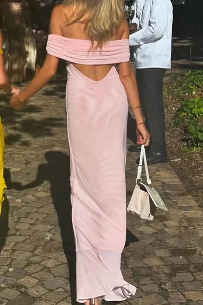 Blush Pink Off Shoulder Prom Dress with Open Back and Slit Detail for Formal Events and Prom Nights