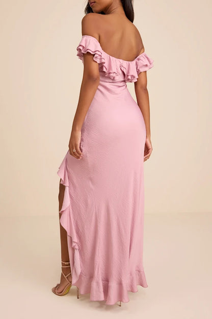Blush Pink Off The Shoulder Prom Dress With Ruffle Trim High Slit And Mermaid Formal Prom Dress