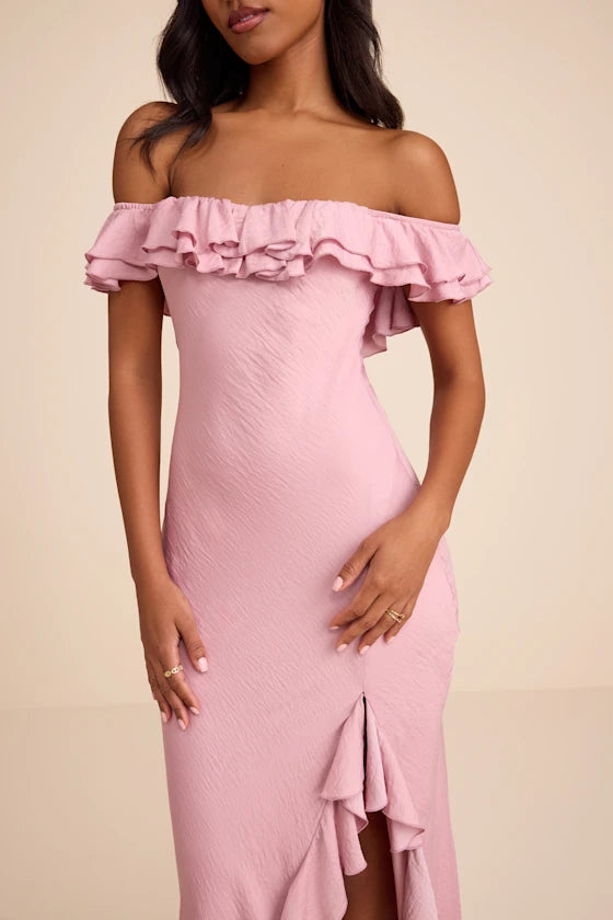 Blush Pink Off The Shoulder Prom Dress With Ruffle Trim High Slit And Mermaid Formal Prom Dress