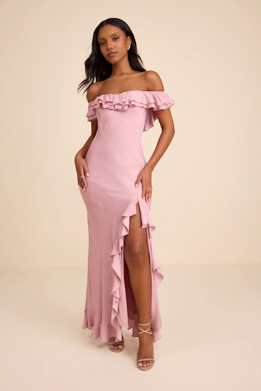 Blush Pink Off The Shoulder Prom Dress With Ruffle Trim High Slit And Mermaid Formal Prom Dress