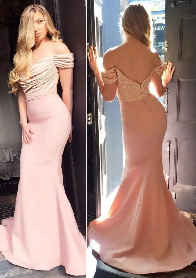 Blush Pink Off The Shoulder Ruched Sequin Mermaid Long Formal Evening Prom Dress