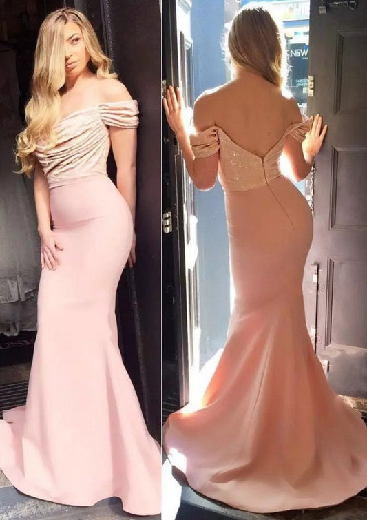 Blush Pink Off The Shoulder Ruched Sequin Mermaid Long Formal Evening Prom Dress