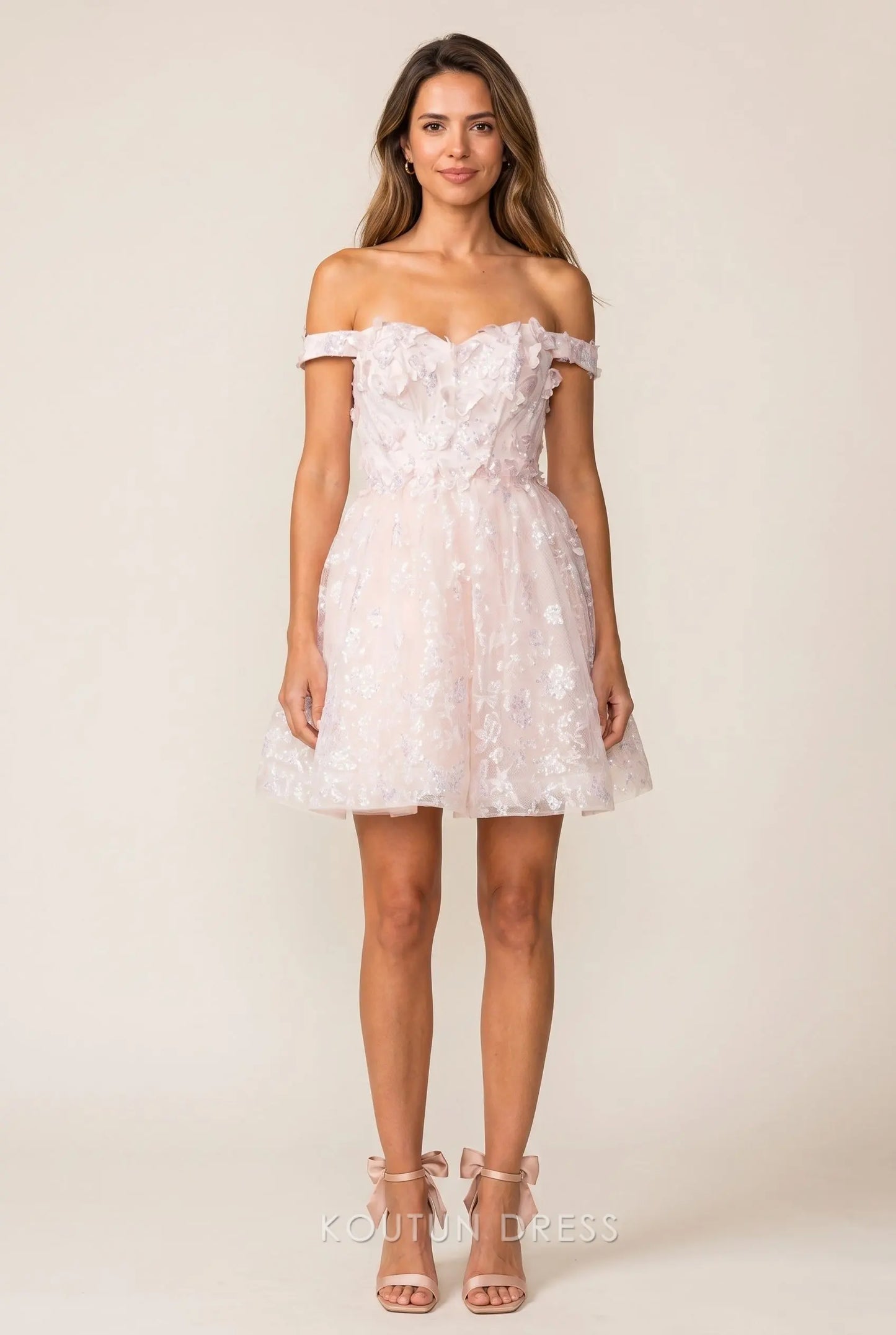 Blush Pink Off The Shoulder Sweetheart Neck 3D Floral Applique Sequin Corset Bodice Lace Up Back Glitter Tulle A Line Mini Homecoming Dress