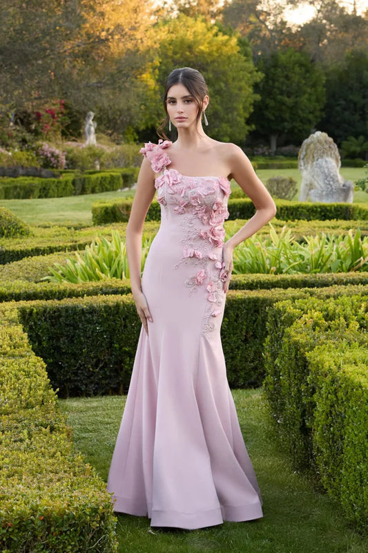 Blush Pink One Shoulder 3D Floral Beaded Mermaid Floor Length Formal Evening Prom Dress