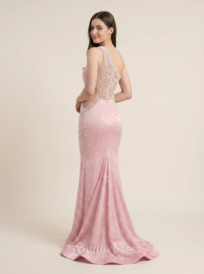 Blush Pink One Shoulder Pearl Embellished Satin Cutout Mermaid Floor Length Formal Evening Prom Dress