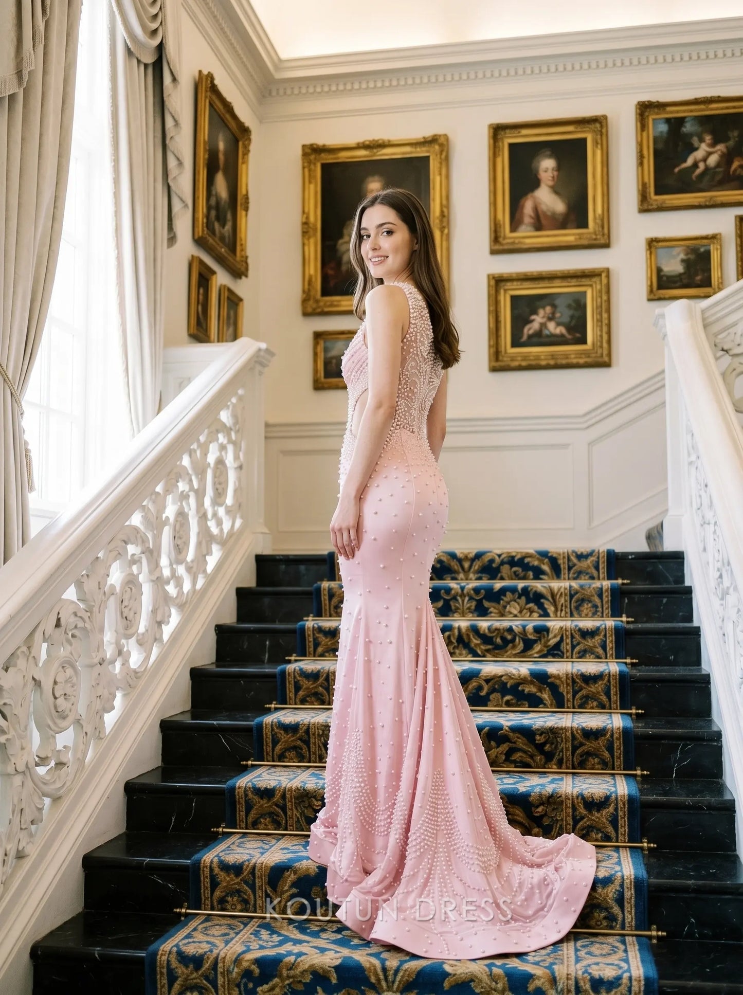 Blush Pink One Shoulder Pearl Embellished Satin Cutout Mermaid Floor Length Formal Evening Prom Dress