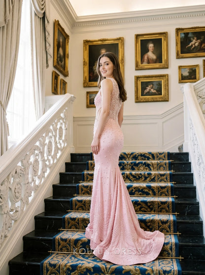 Blush Pink One Shoulder Pearl Embellished Satin Cutout Mermaid Floor Length Formal Evening Prom Dress