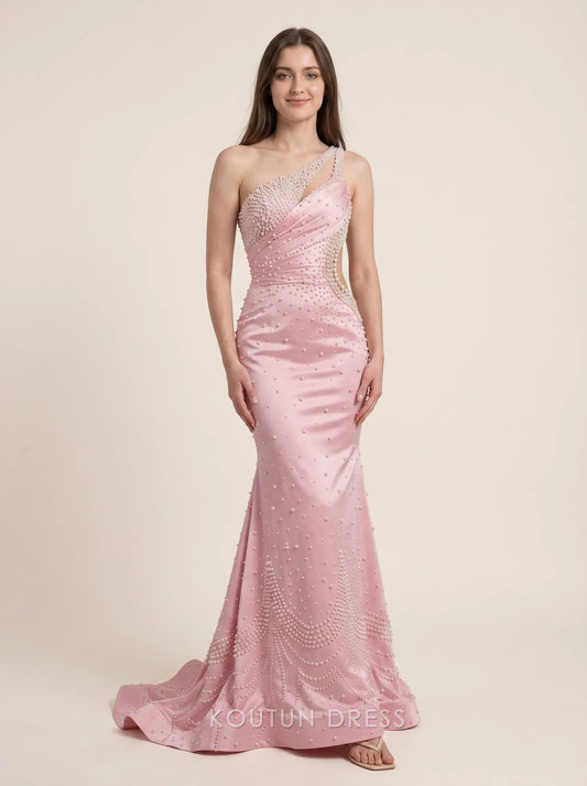 Blush Pink One Shoulder Pearl Embellished Satin Cutout Mermaid Floor Length Formal Evening Prom Dress