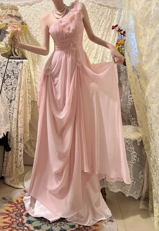 Blush Pink One Shoulder Prom Dress With 3D Floral Applique Draped Chiffon And A Line Silhouette Formal Prom Dress
