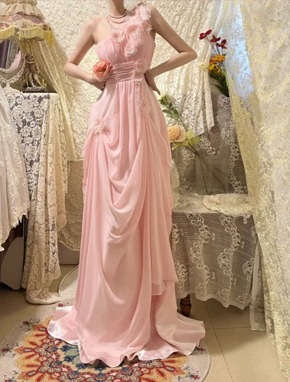 Blush Pink One Shoulder Prom Dress With 3D Floral Applique Draped Chiffon And A Line Silhouette Formal Prom Dress
