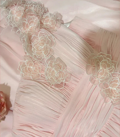 Blush Pink One Shoulder Prom Dress With 3D Floral Applique Draped Chiffon And A Line Silhouette Formal Prom Dress