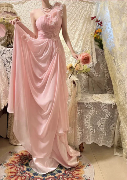Blush Pink One Shoulder Prom Dress With 3D Floral Applique Draped Chiffon And A Line Silhouette Formal Prom Dress
