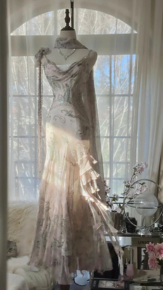 Blush Pink Paisley Print Prom Dress With Cowl Neckline Sheer Scarf And Beaded Fringe Strap Mermaid Formal Prom Dress