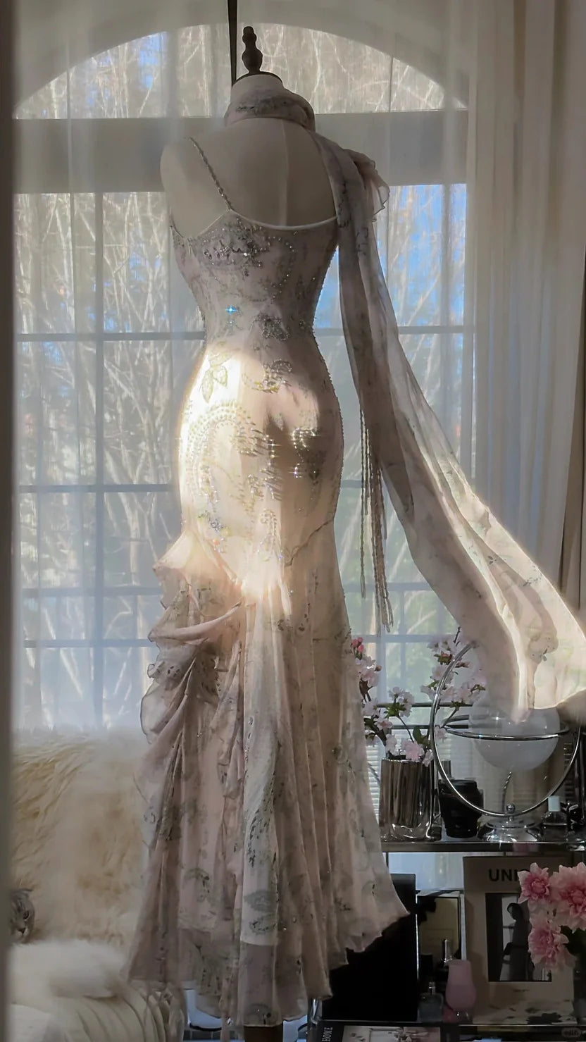 Blush Pink Paisley Print Prom Dress With Cowl Neckline Sheer Scarf And Beaded Fringe Strap Mermaid Formal Prom Dress