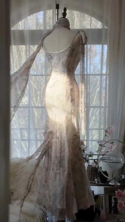 Blush Pink Paisley Print Prom Dress With Cowl Neckline Sheer Scarf And Beaded Fringe Strap Mermaid Formal Prom Dress
