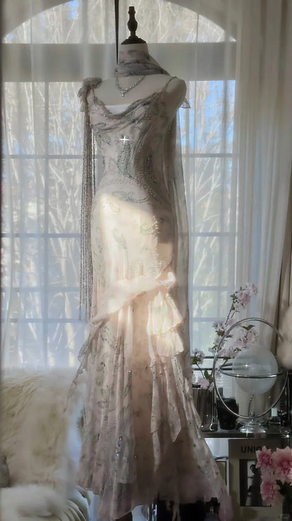 Blush Pink Paisley Print Prom Dress With Cowl Neckline Sheer Scarf And Beaded Fringe Strap Mermaid Formal Prom Dress