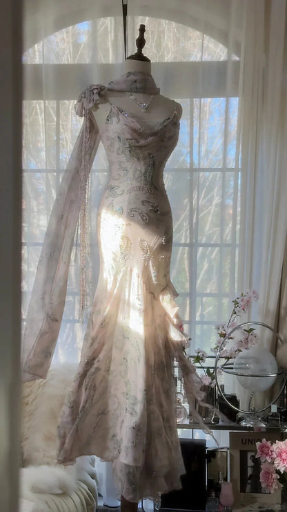 Blush Pink Paisley Print Prom Dress With Cowl Neckline Sheer Scarf And Beaded Fringe Strap Mermaid Formal Prom Dress