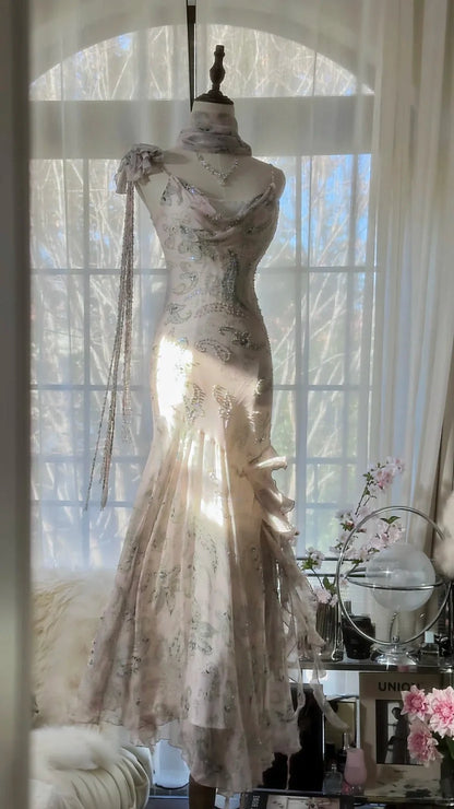 Blush Pink Paisley Print Prom Dress With Cowl Neckline Sheer Scarf And Beaded Fringe Strap Mermaid Formal Prom Dress