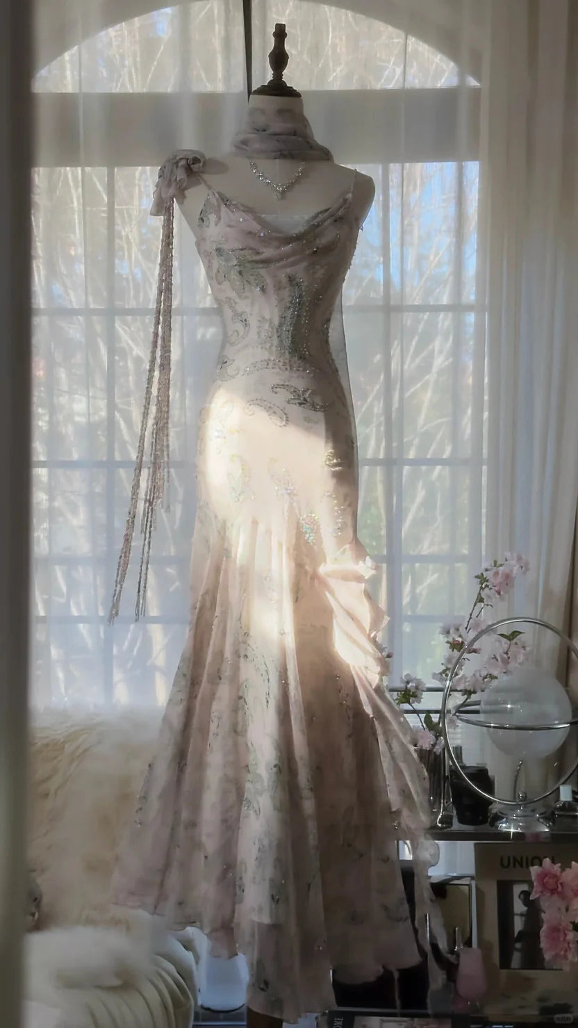 Blush Pink Paisley Print Prom Dress With Cowl Neckline Sheer Scarf And Beaded Fringe Strap Mermaid Formal Prom Dress