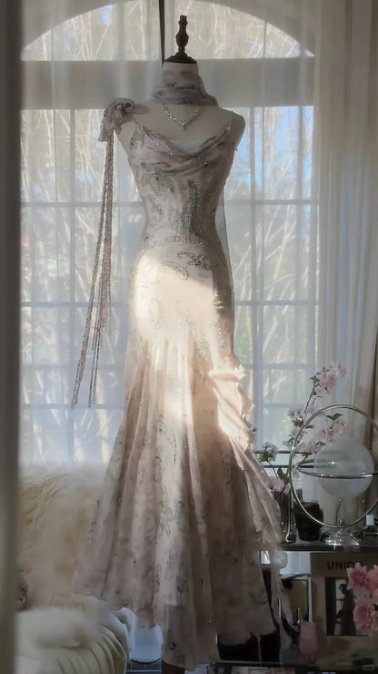Blush Pink Paisley Print Prom Dress With Cowl Neckline Sheer Scarf And Beaded Fringe Strap Mermaid Formal Prom Dress