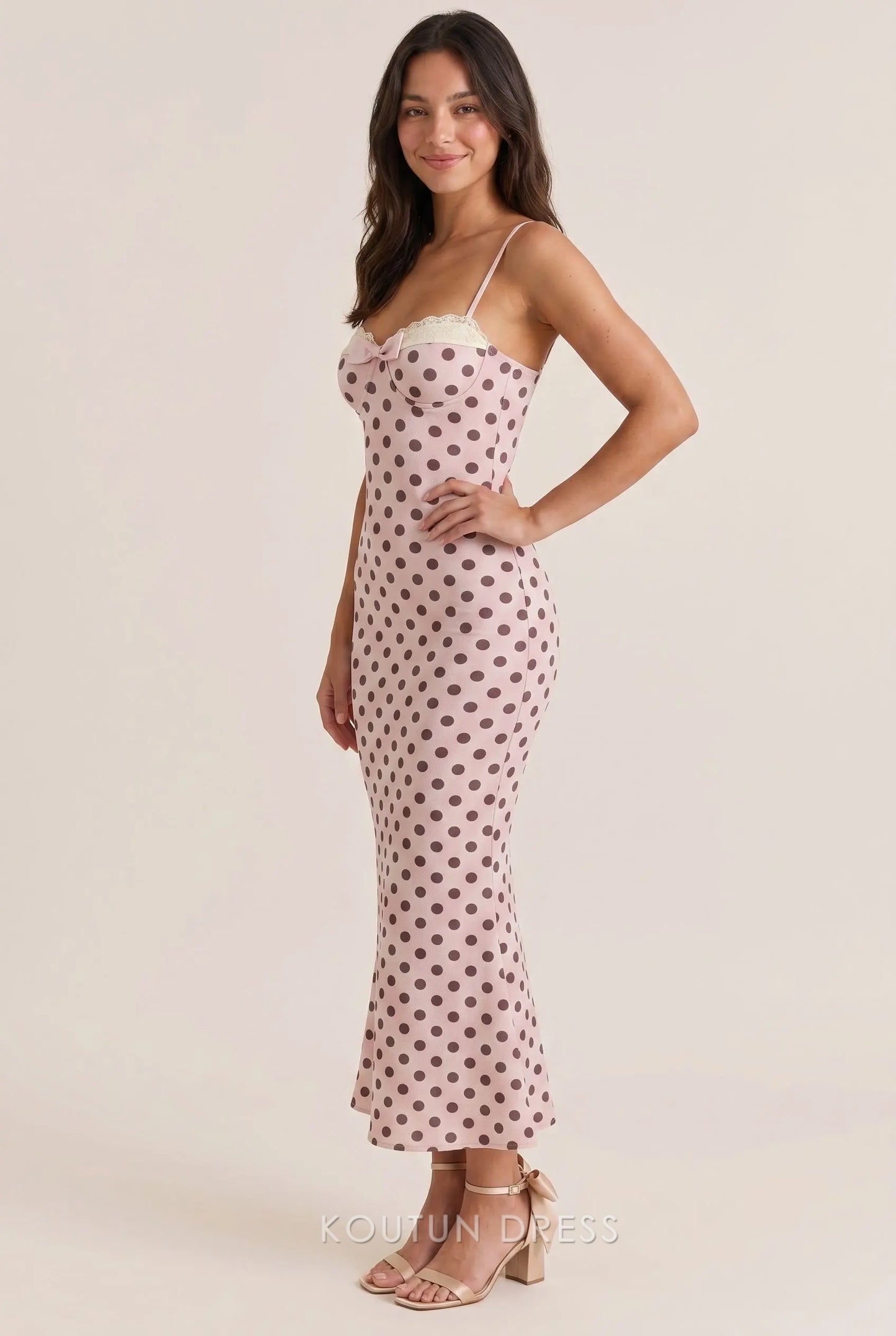 Blush Pink Polka Dot Satin Mermaid Sweetheart Spaghetti Strap Lace Bow Open Back Midi Formal Evening Prom Dress