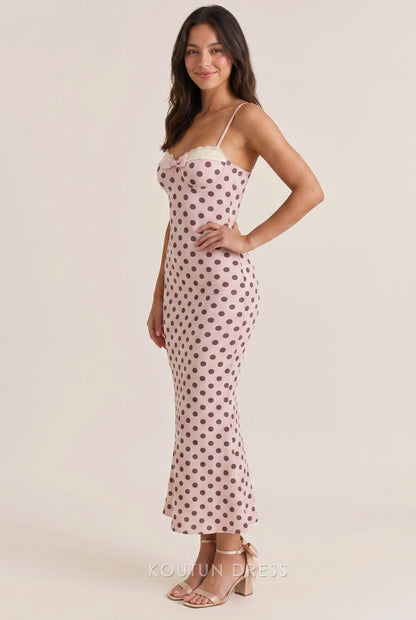Blush Pink Polka Dot Satin Mermaid Sweetheart Spaghetti Strap Lace Bow Open Back Midi Formal Evening Prom Dress