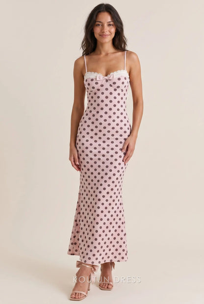 Blush Pink Polka Dot Satin Mermaid Sweetheart Spaghetti Strap Lace Bow Open Back Midi Formal Evening Prom Dress