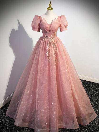 Blush Pink Puff Sleeve Prom Dress With Sparkly Tulle Floral Beaded Accents And Corset Back A Line Formal Prom Dress