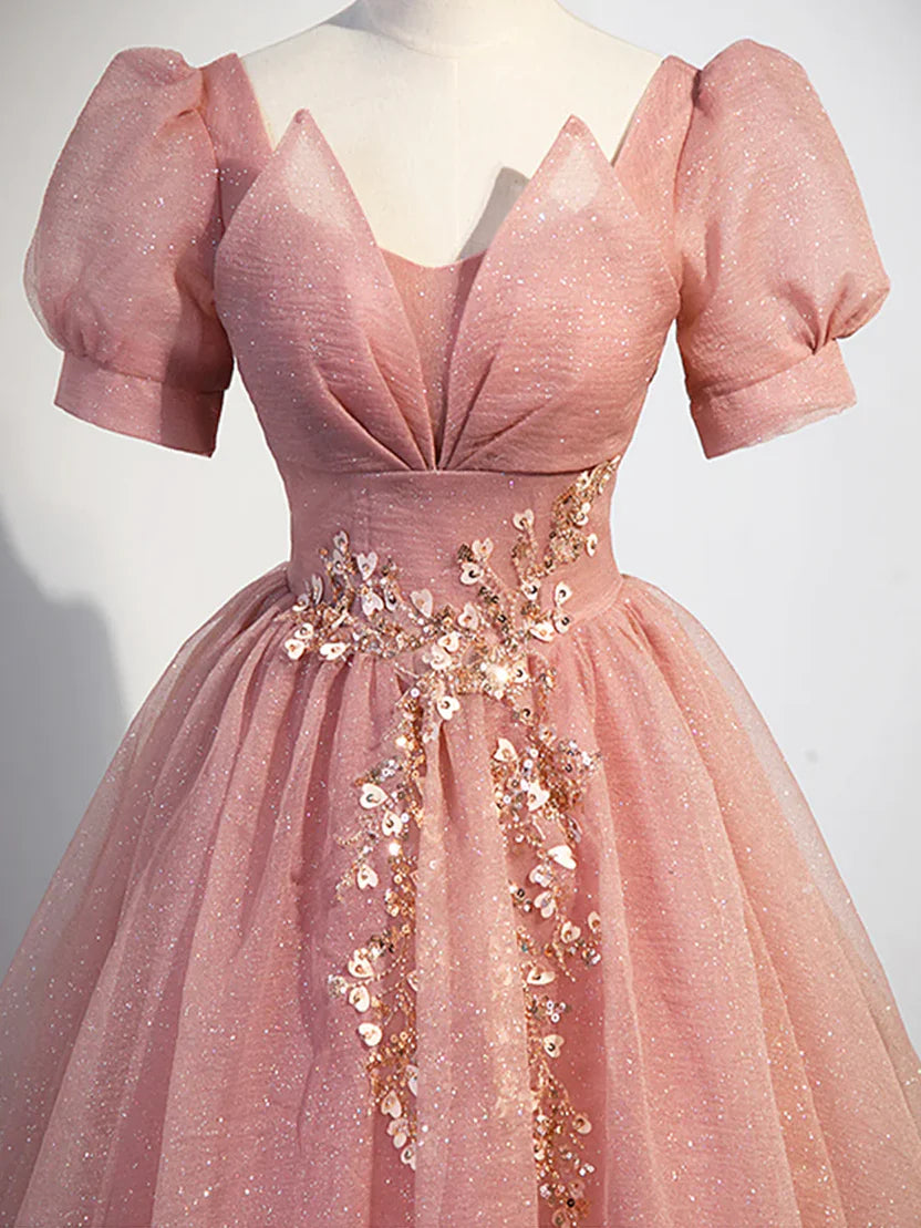 Blush Pink Puff Sleeve Prom Dress With Sparkly Tulle Floral Beaded Accents And Corset Back A Line Formal Prom Dress