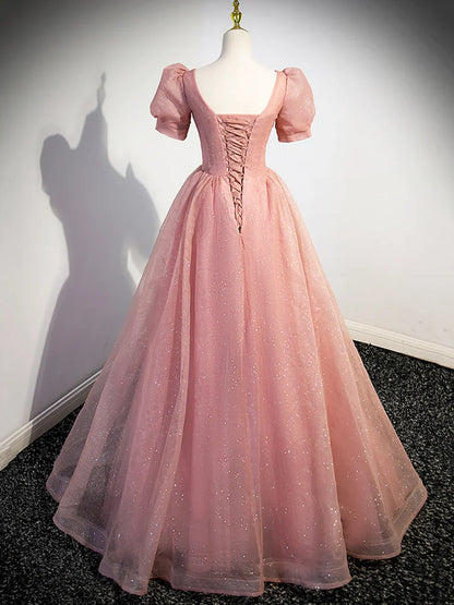 Blush Pink Puff Sleeve Prom Dress With Sparkly Tulle Floral Beaded Accents And Corset Back A Line Formal Prom Dress