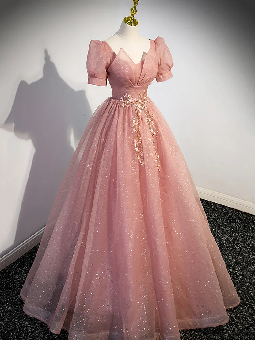 Blush Pink Puff Sleeve Prom Dress With Sparkly Tulle Floral Beaded Accents And Corset Back A Line Formal Prom Dress
