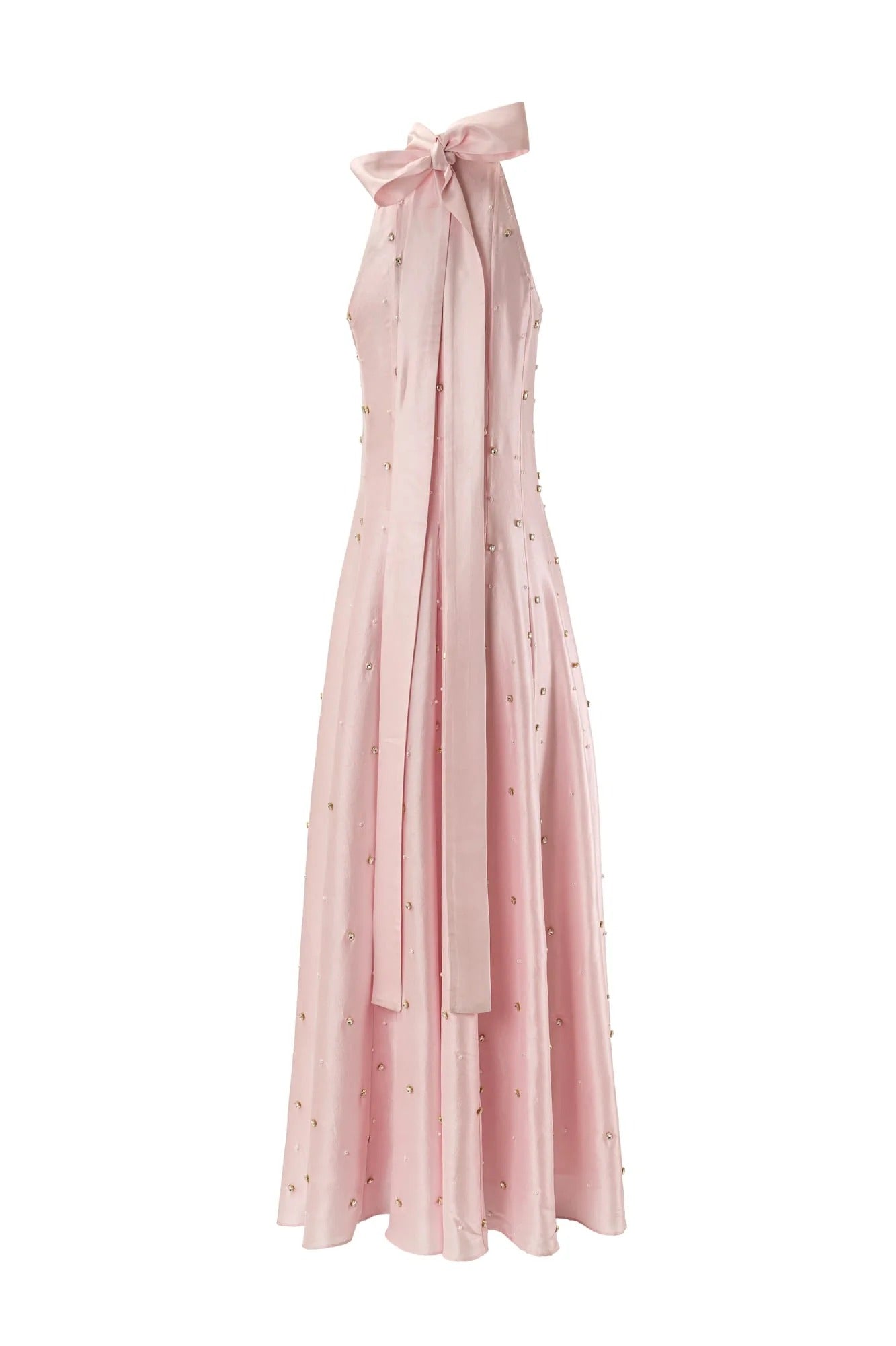 Blush Pink Satin A Line High Neck Halter Sleeveless Crystal Embellished Floor Length Formal Evening Prom Dress