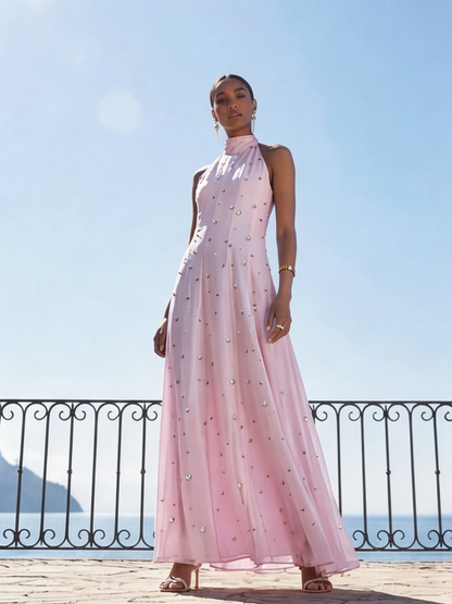 Blush Pink Satin A Line High Neck Halter Sleeveless Crystal Embellished Floor Length Formal Evening Prom Dress