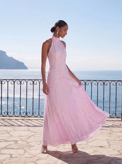Blush Pink Satin A Line High Neck Halter Sleeveless Crystal Embellished Floor Length Formal Evening Prom Dress