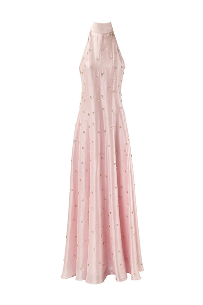 Blush Pink Satin A Line High Neck Halter Sleeveless Crystal Embellished Floor Length Formal Evening Prom Dress
