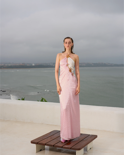 Blush Pink Satin Halter Neck Rhinestone Embellished Color Block Floral Applique Backless Floor Length Formal Evening Prom Dress
