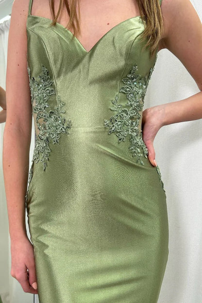 Blush Pink Satin Lace Appliqué Open Back Mermaid Prom Dresses