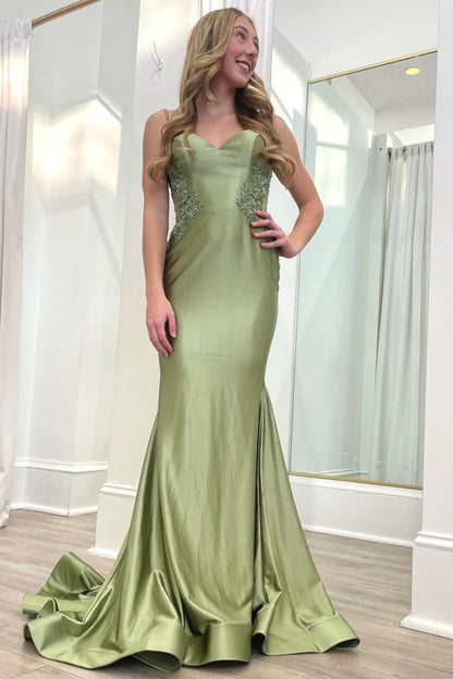 Blush Pink Satin Lace Appliqué Open Back Mermaid Prom Dresses