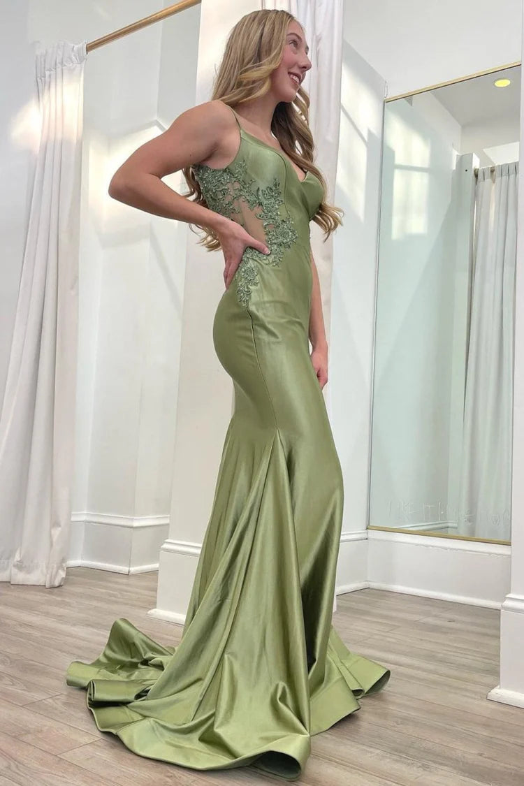 Blush Pink Satin Lace Appliqué Open Back Mermaid Prom Dresses