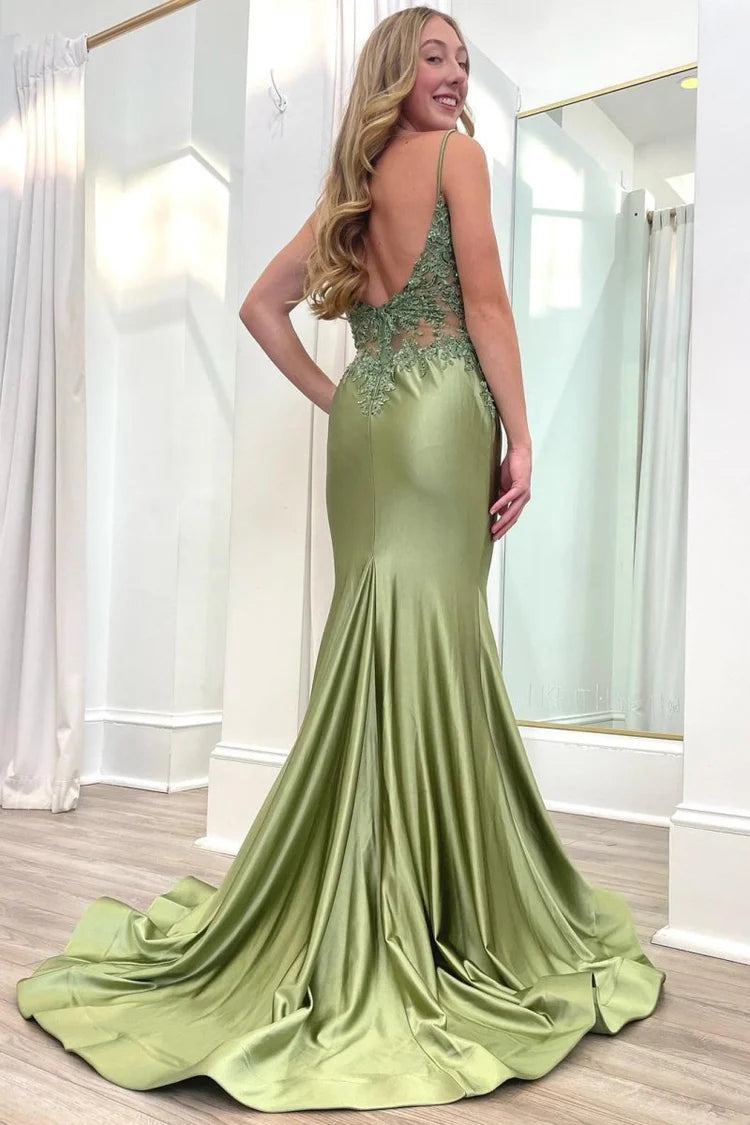 Blush Pink Satin Lace Appliqué Open Back Mermaid Prom Dresses