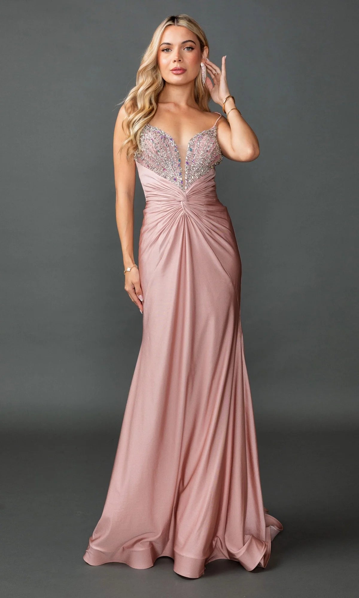 Blush Pink Satin Maxi Prom Dresses with Spaghetti Straps Deep V Beaded Bodice Twist Waist Ruched Detail Lace Up Back and Mermaid Train