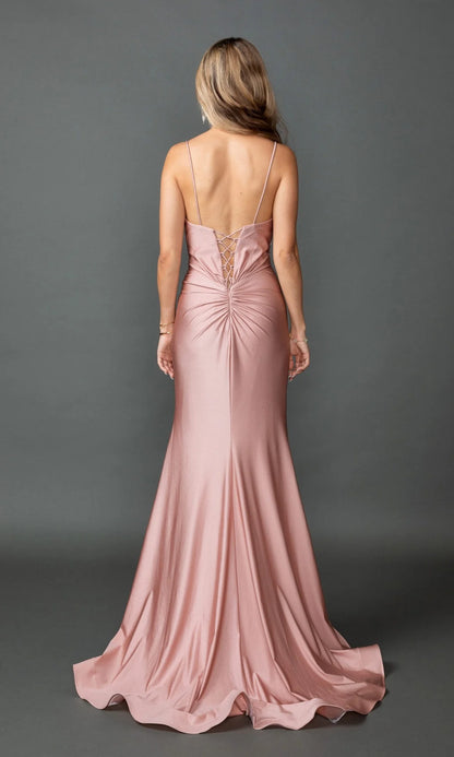 Blush Pink Satin Maxi Prom Dresses with Spaghetti Straps Deep V Beaded Bodice Twist Waist Ruched Detail Lace Up Back and Mermaid Train