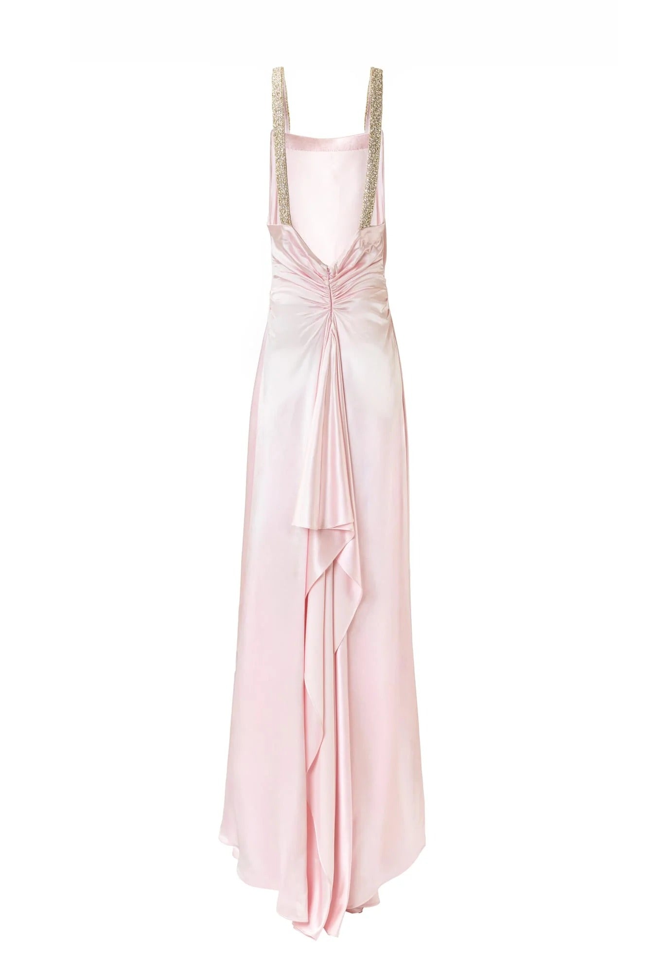 Blush Pink Satin Sheath Square Neck Crystal Beaded Strap Open Back Floor Length Formal Evening Prom Dress