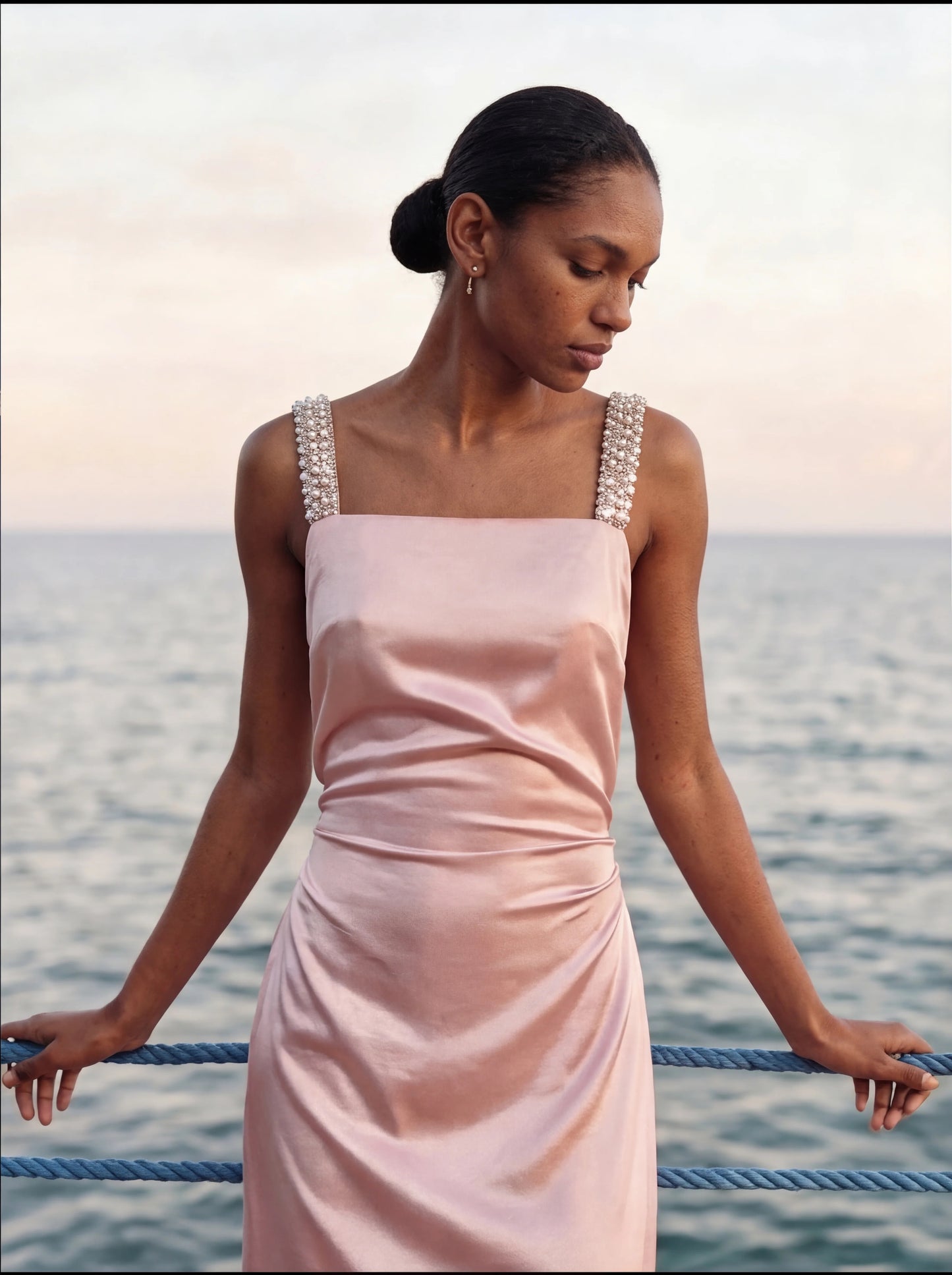 Blush Pink Satin Sheath Square Neck Crystal Beaded Strap Open Back Floor Length Formal Evening Prom Dress