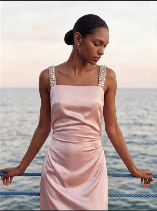 Blush Pink Satin Sheath Square Neck Crystal Beaded Strap Open Back Floor Length Formal Evening Prom Dress