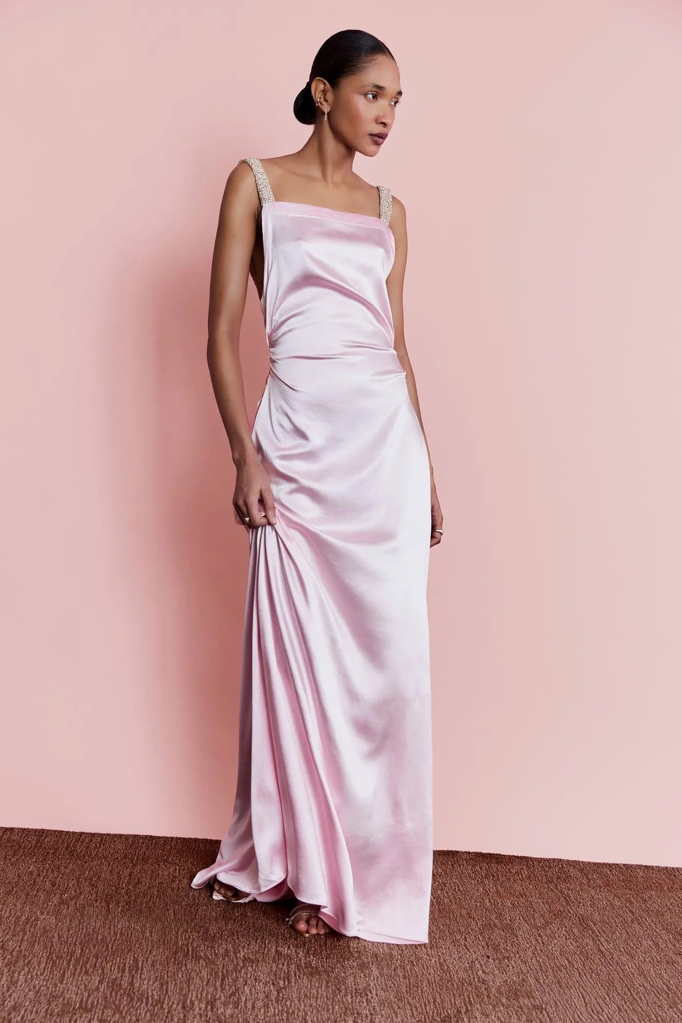 Blush Pink Satin Sheath Square Neck Crystal Beaded Strap Open Back Floor Length Formal Evening Prom Dress